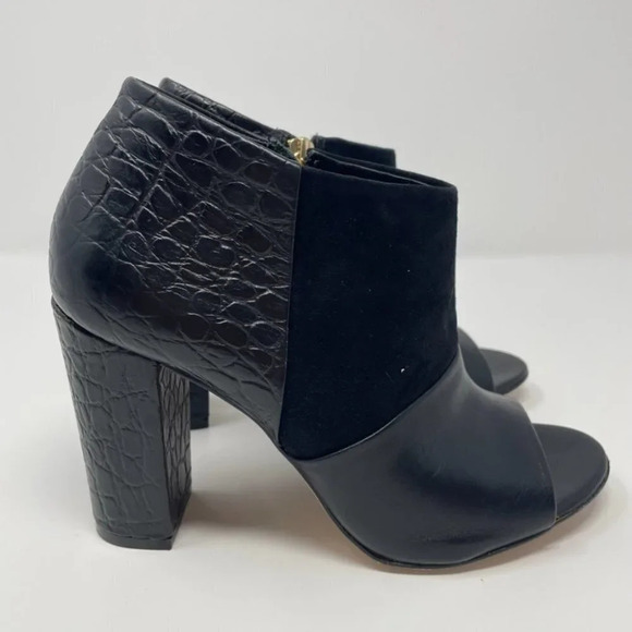 Trina Turk Los Gatos Open  Toe Leather Suede Croc Black Bootie Ankle Boot Sz 7.5 - Picture 5 of 10